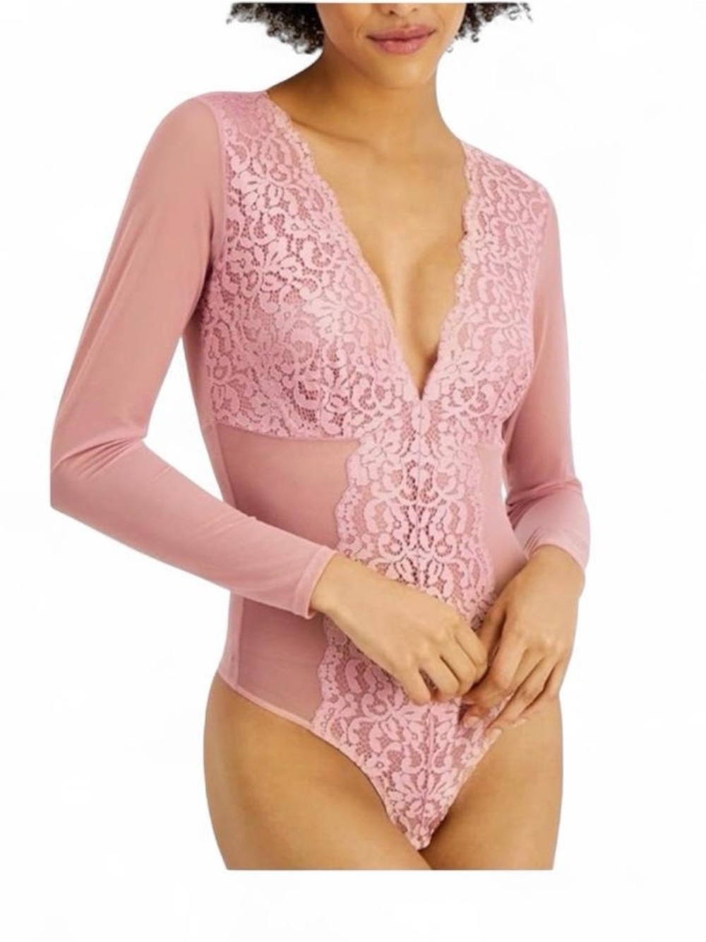 NWOT INC Pink Lace Long Sleeve Bodysuit
